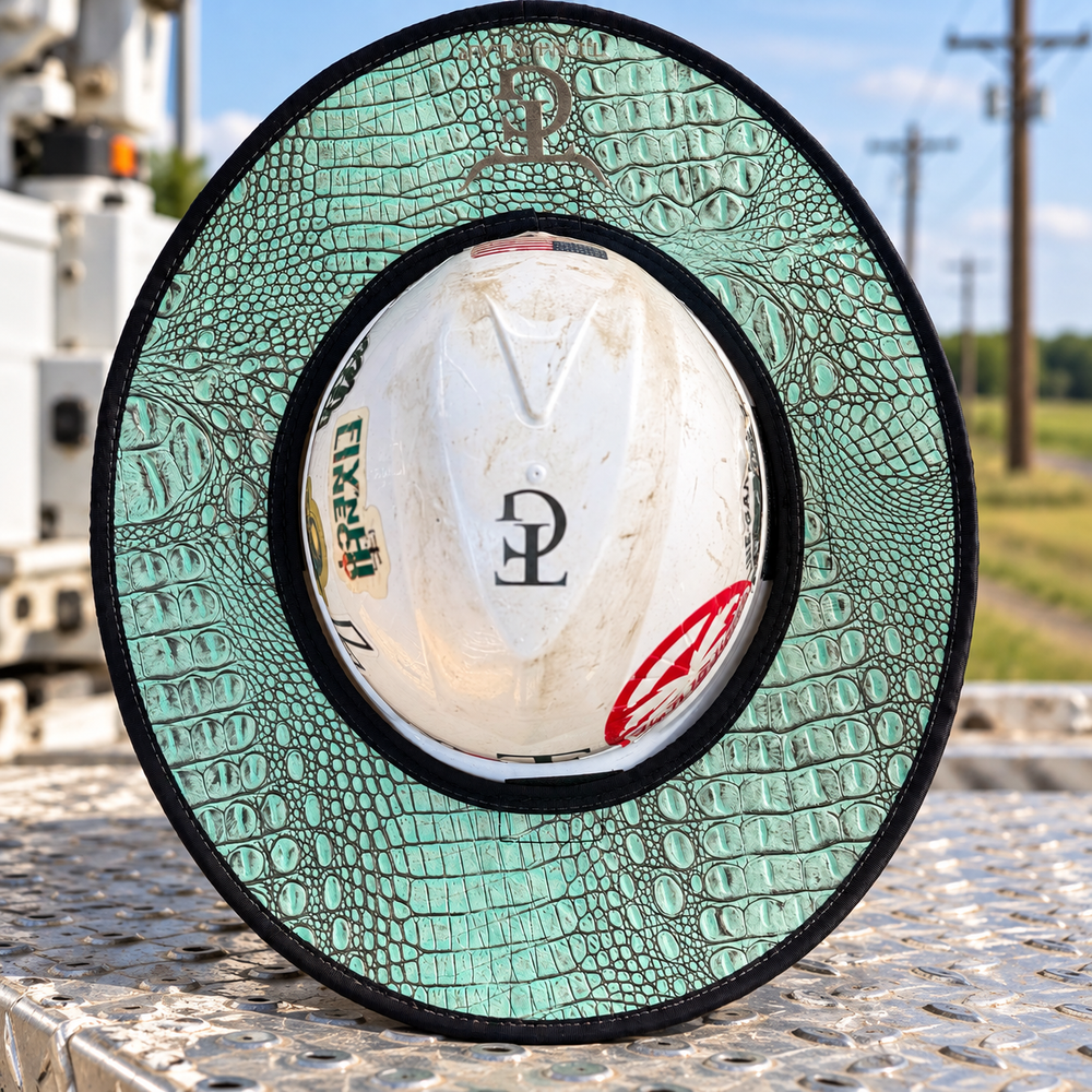 Low Country- Salty Gator Leather Sunshade in an outdoor utility work setting