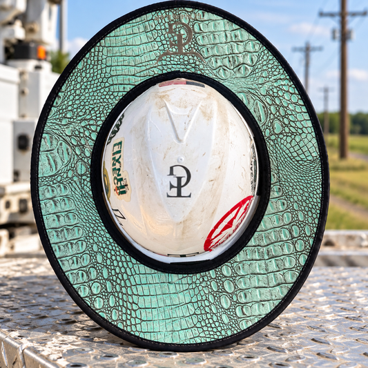Low Country- Salty Gator Leather Sunshade in an outdoor utility work setting