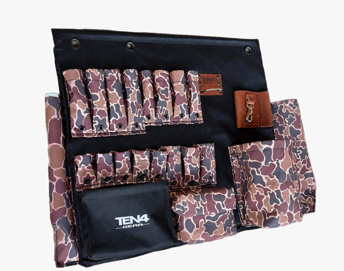 Duck Camo 32 in TEN4 Toolboard, non-lighted version with original pocket layout and woven fabric texture.