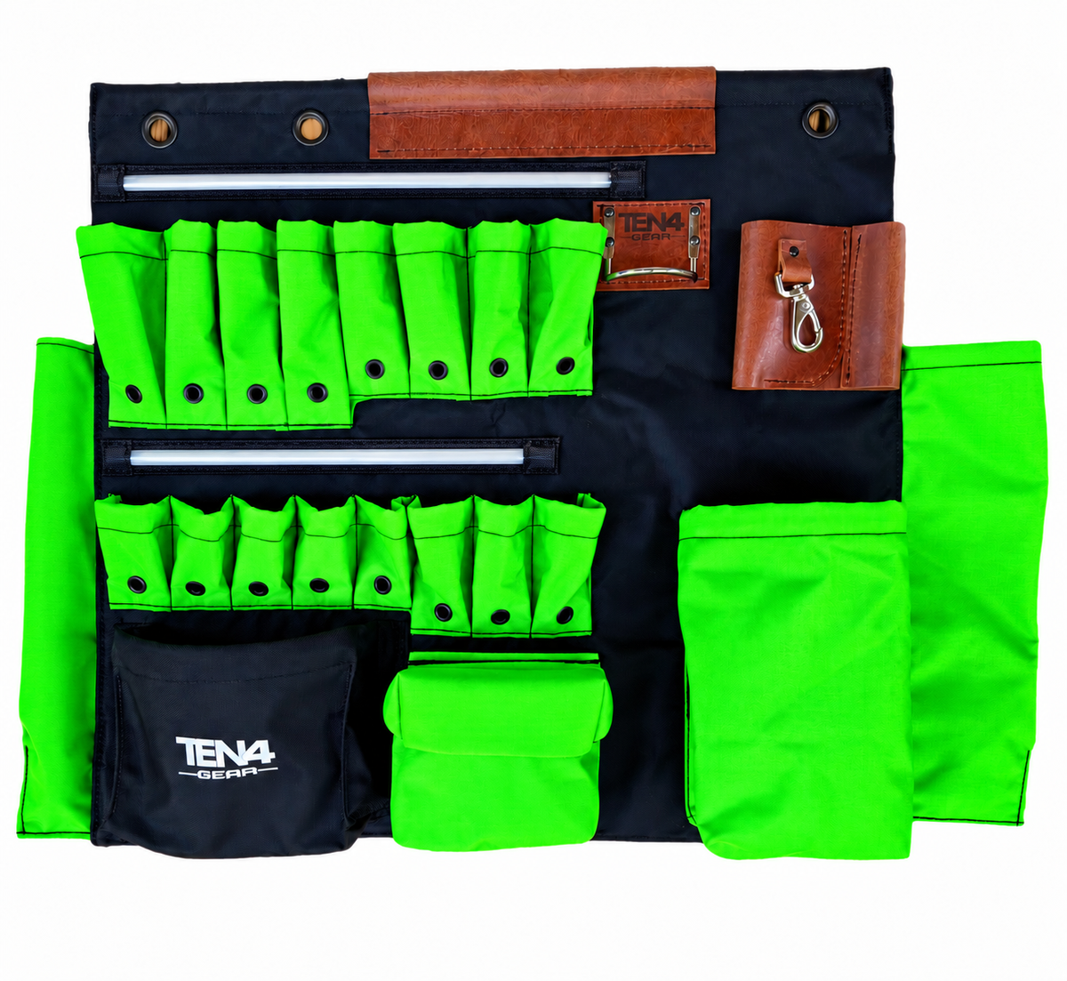 32-inch TEN4 G Board with two integrated LED strips in Electric Lime, with 16 tool pockets and three top mounting grommets.
