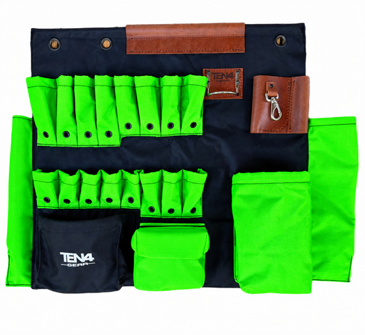 32-inch TEN4 non-lighted Toolboard in Electric Lime, with 16 tool pockets and three top mounting grommets.