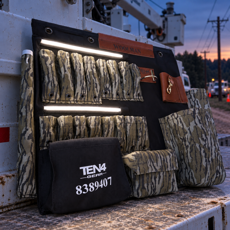 32-inch TEN4 G-Board with its two integrated LED strips illuminated at dusk beside a bucket truck; edited lifestyle image.