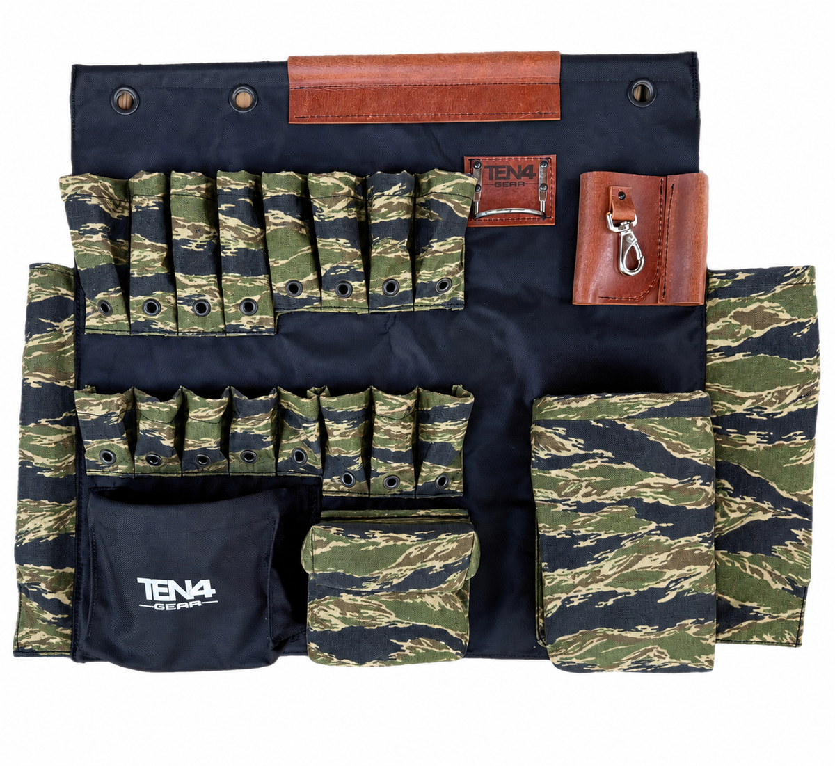 32-inch TEN4 non-lighted Toolboard in Tiger camouflage with 16 tool pockets, single drainage eyelet per pocket and three top mounting grommets.