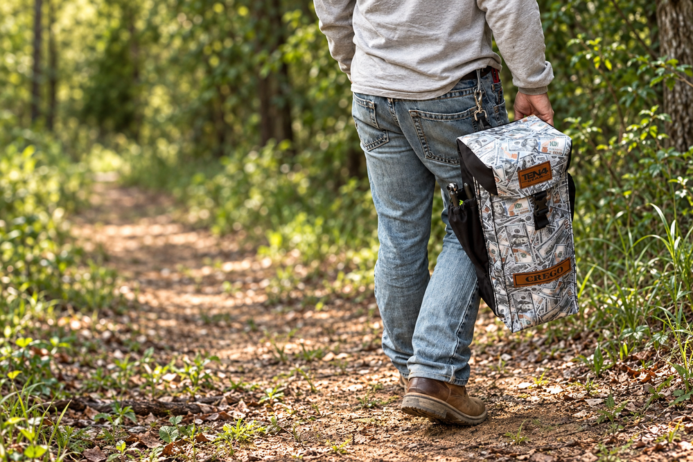 TEN4 money-print Utility glove and sleeve bag carried on a wooded path.