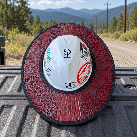 Blazing Saddle red embossed gator sunshade on a pickup tailgate beside a powerline right-of-way