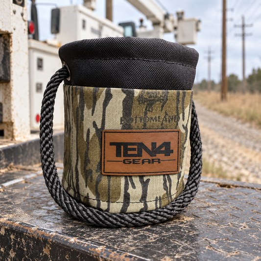 Bottomland Grunt Sack with current TEN4 patch on a utility truck at an outdoor linework site