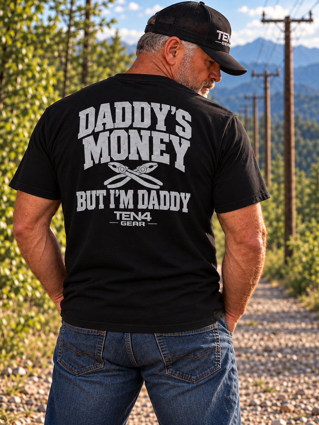 TEN4 Daddy’s Money Tee, black back view with distressed silver-gray lettering and crossed pliers