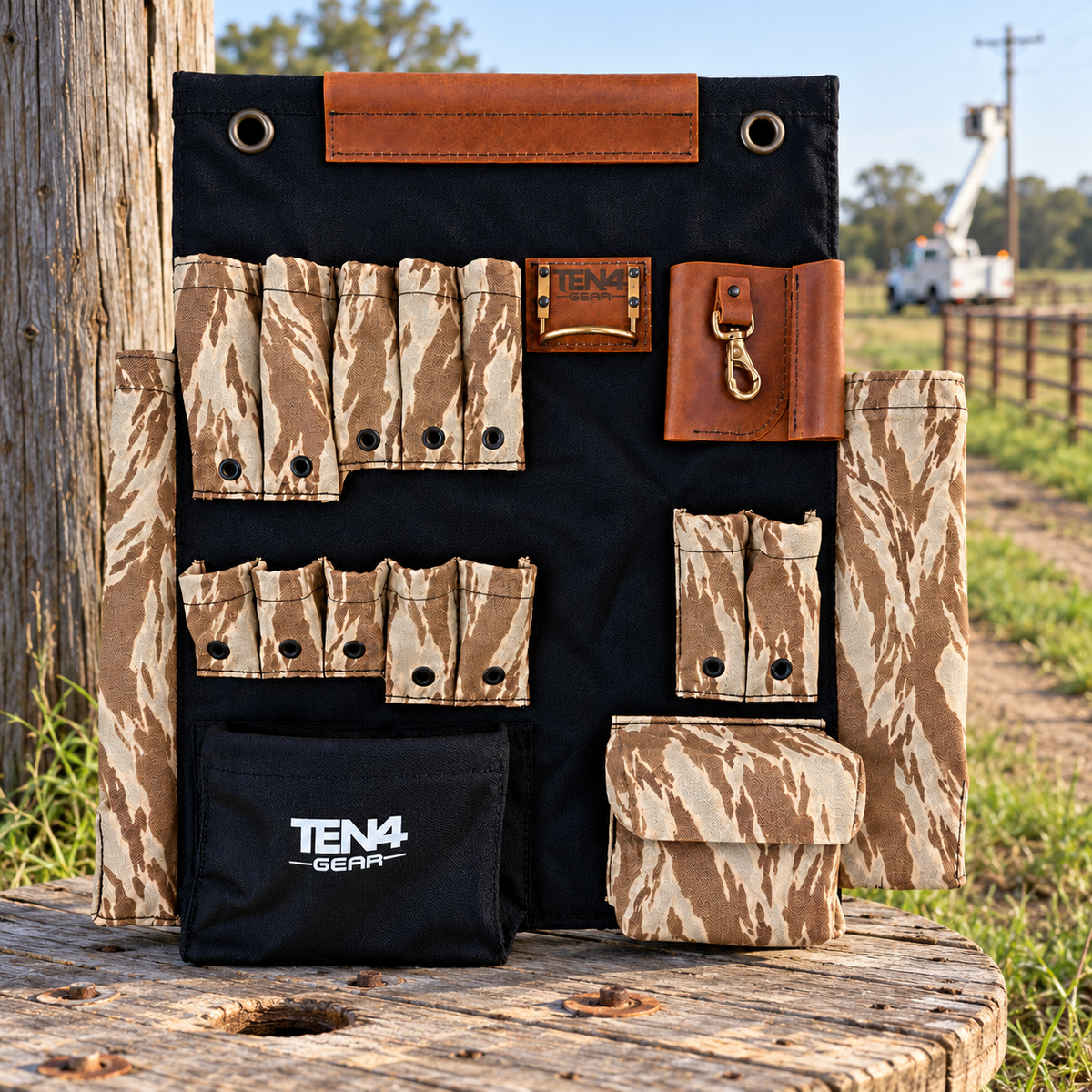 Desert Tiger Stripe 24-inch TEN4 Tool Board at an outdoor utility worksite