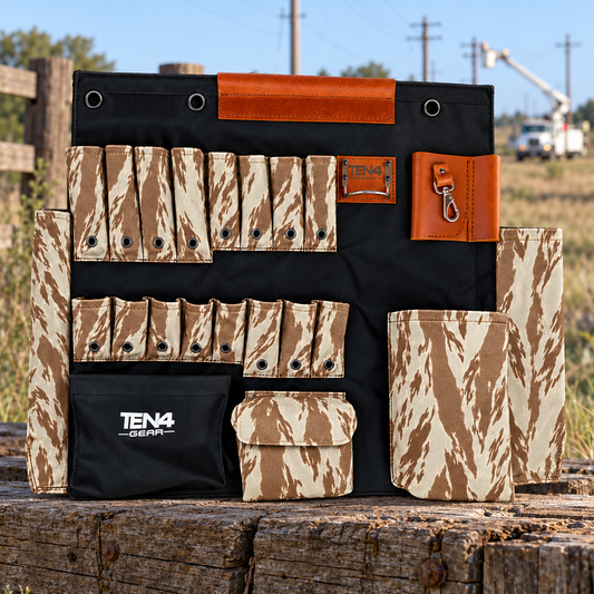Desert Tiger Stripe 32-inch TEN4 Tool Board at an outdoor utility worksite