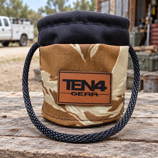 Desert Tiger Stripe Grunt Sack with current TEN4 patch on a rustic workbench