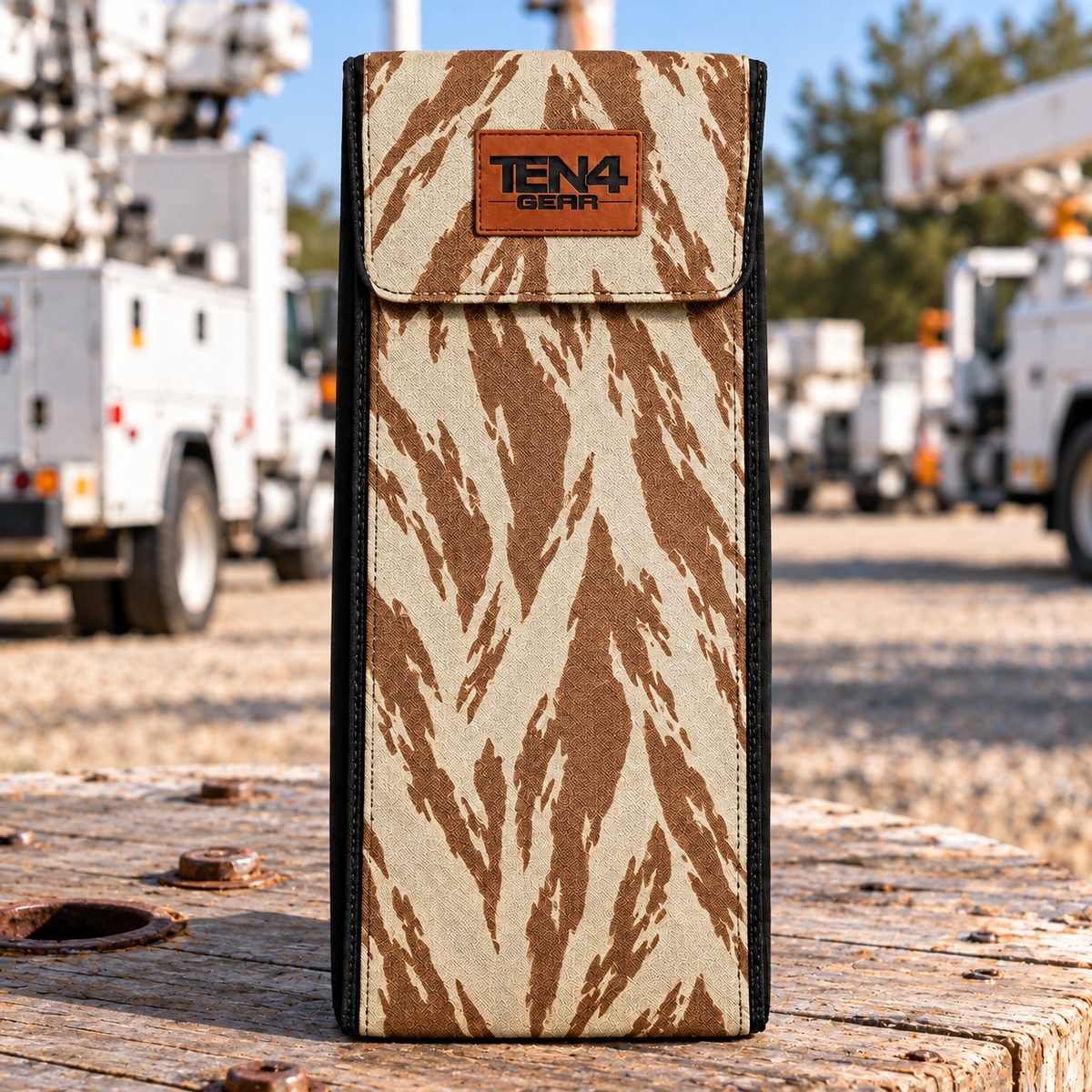 TEN4 Gear Desert Tiger Stripe Lineman glove bag with flat Velcro flap — pattern placement varies
