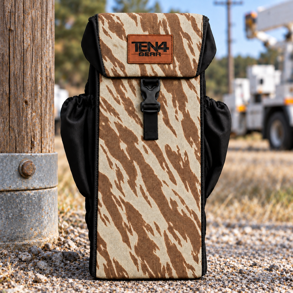 TEN4 Gear Desert Tiger Stripe Utility glove bag with formed buckle lid and black side pockets — pattern placement varies
