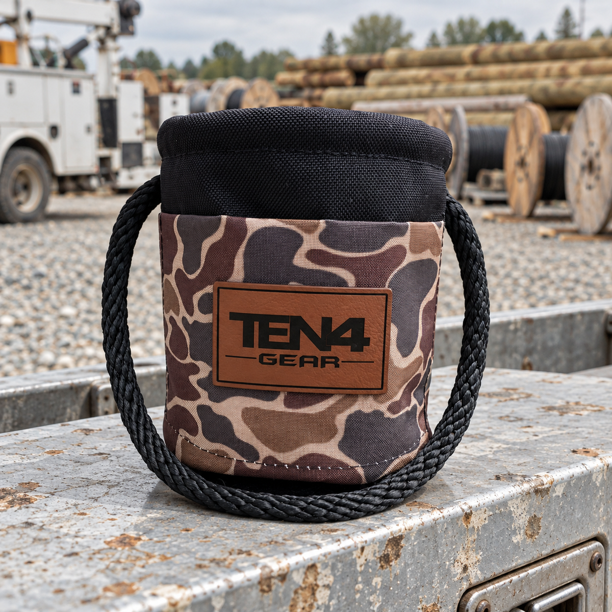 Duck Camo Grunt Sack with current TEN4 patch on a utility truck at an outdoor linework site