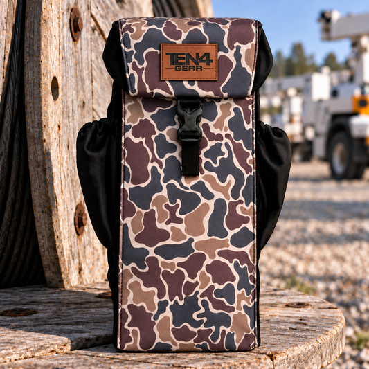 TEN4 Gear Duck Camo Utility glove and sleeve bag with formed buckle lid and two black side pockets