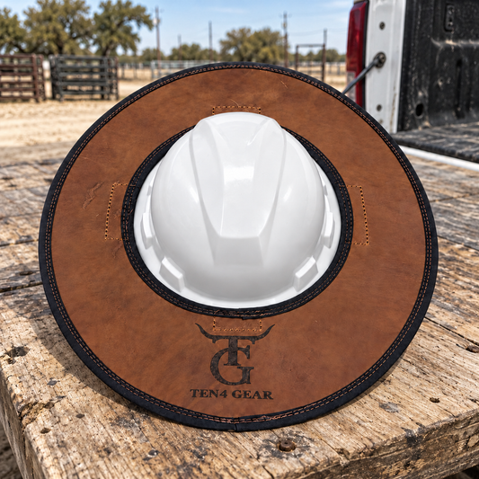 Dutton Ranch brown leather sunshade with burned TEN4 Gear branding mounted on a white hard hat on a rustic workbench