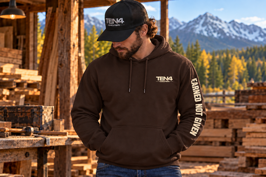 TEN4 Earned Not Given Dark Chocolate hoodie with cream chest logo and distressed left sleeve lettering