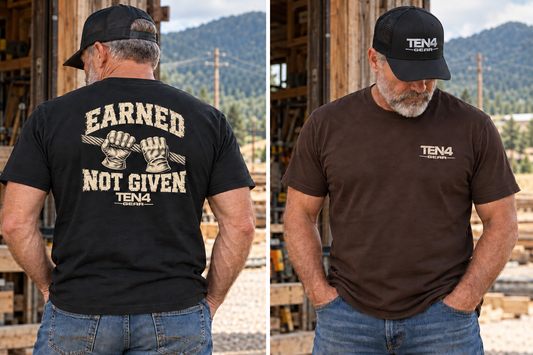 TEN4 Earned Not Given tee — weathered cream artwork on black and dark chocolate, front and back on model