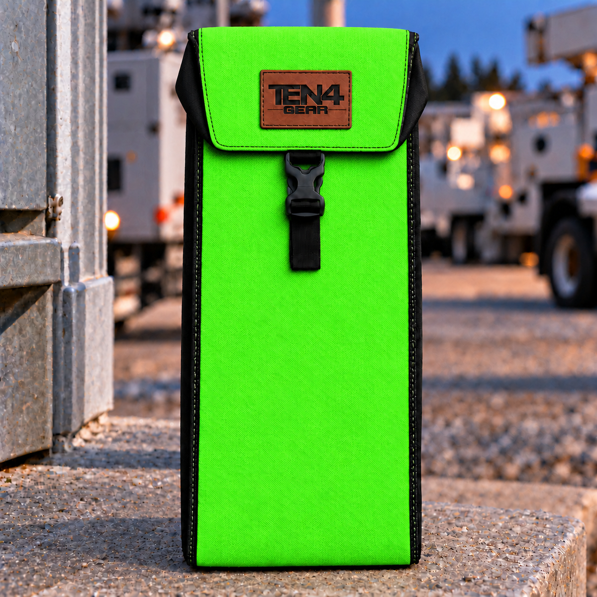 Electric Lime Classic with Buckled Formed Lid — shared 18 and 20 inch photo; approved TEN4 GEAR patch