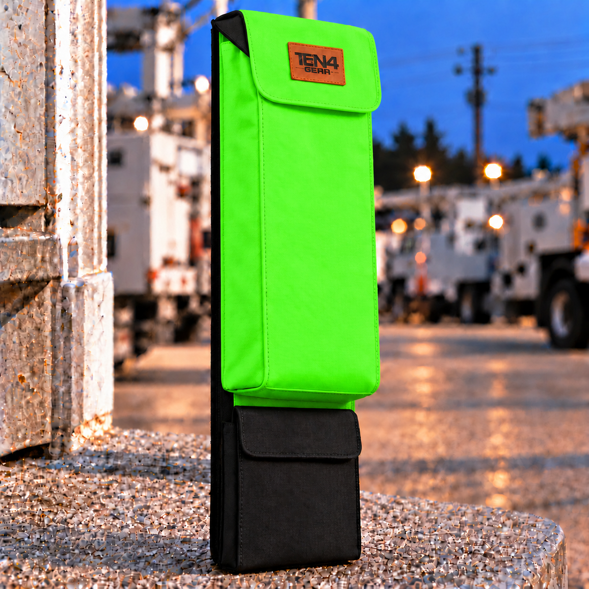 TEN4 Gear Electric Lime 29-inch Lineman bag with Velcro flap, black lid sides and matching body gussets
