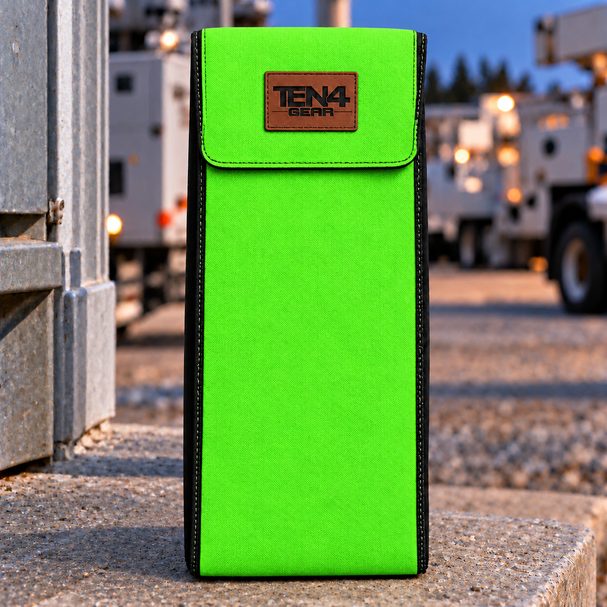 TEN4 Gear Electric Lime Lineman glove bag with flat Velcro flap — pattern placement varies