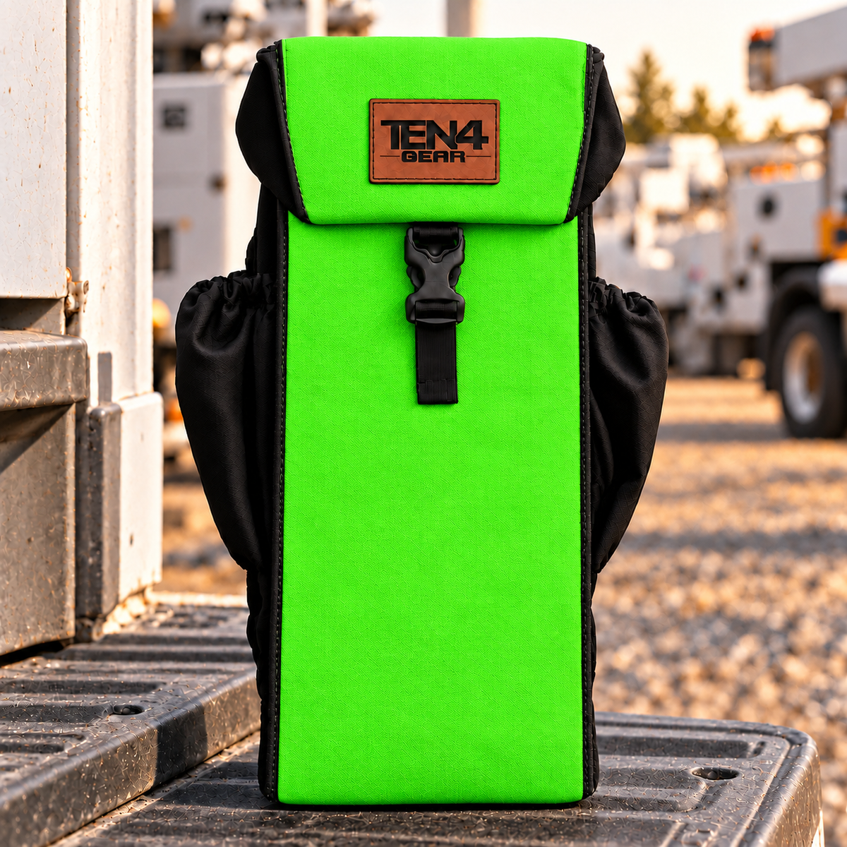 TEN4 Gear Electric Lime Utility glove bag with formed buckle lid and black side pockets — pattern placement varies