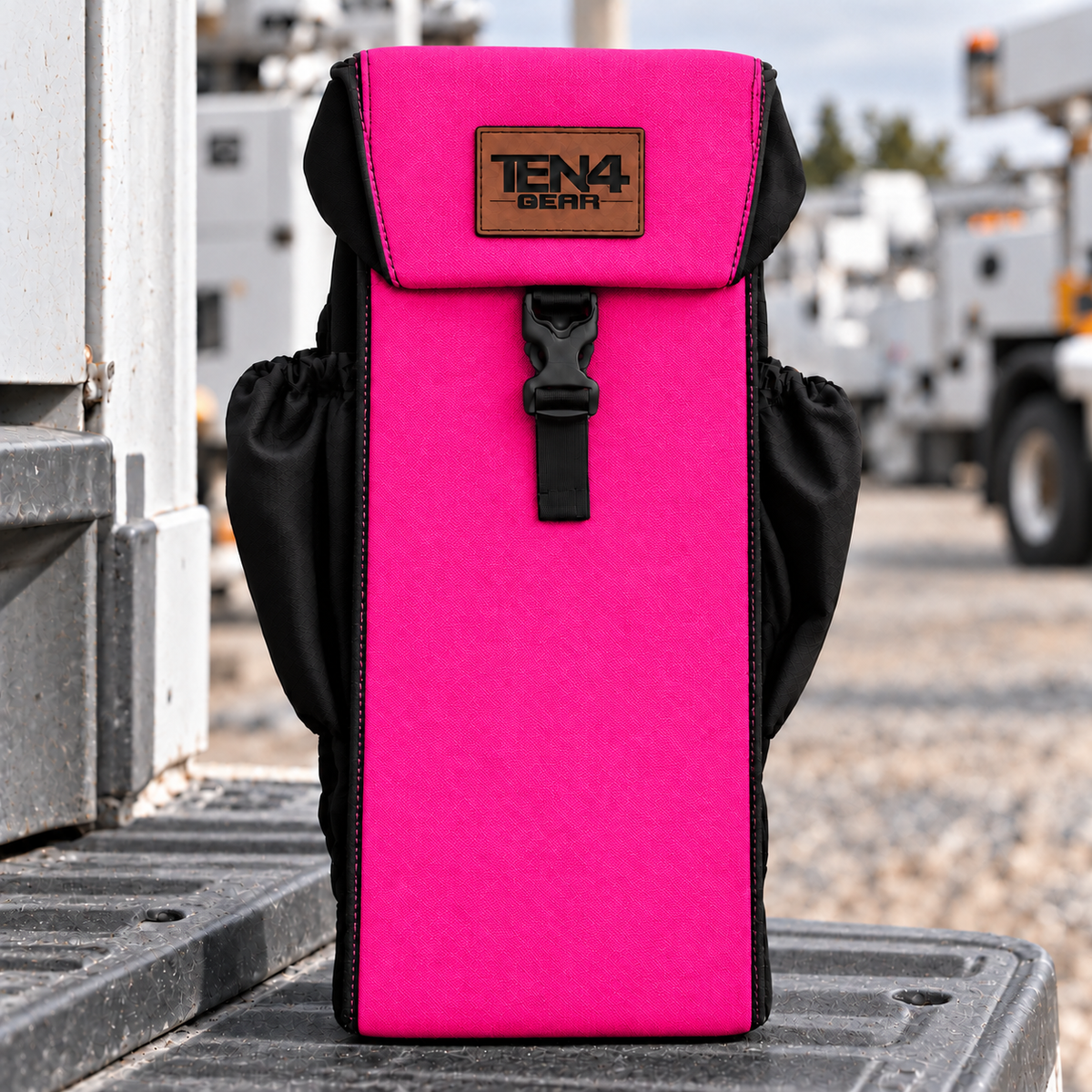 TEN4 Gear Electric Pink Utility glove bag with formed buckle lid and black side pockets — pattern placement varies