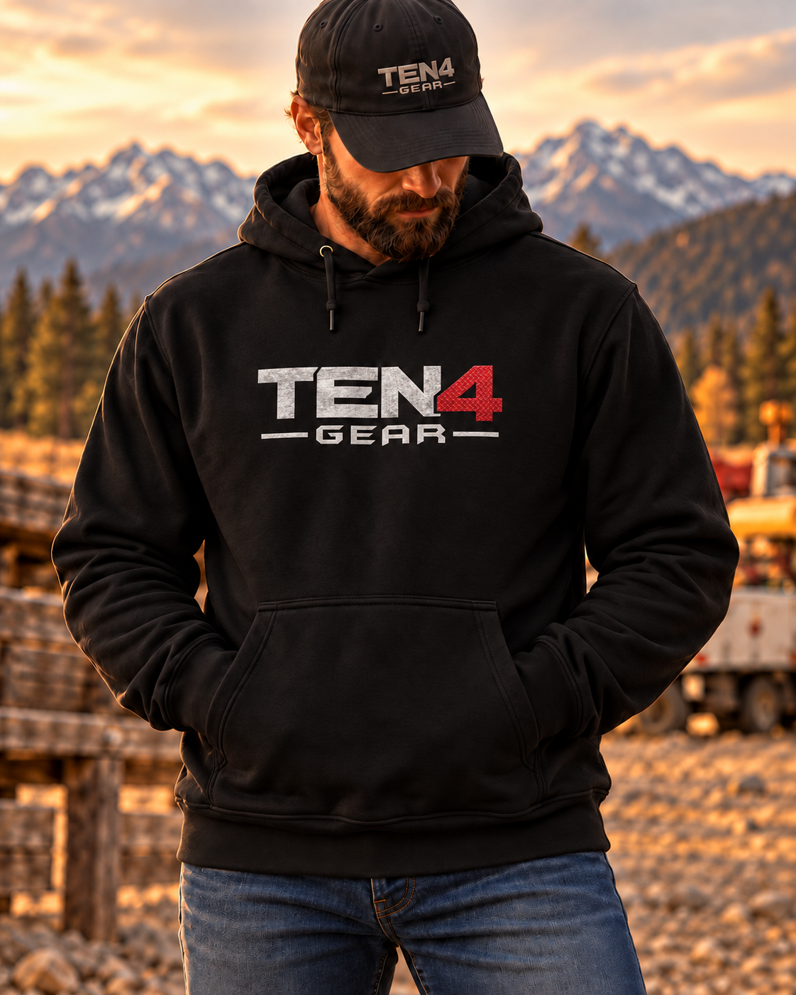 Black TEN4 Everyday Logo Hoodie with silver and red logo on bearded model in mountain scenery