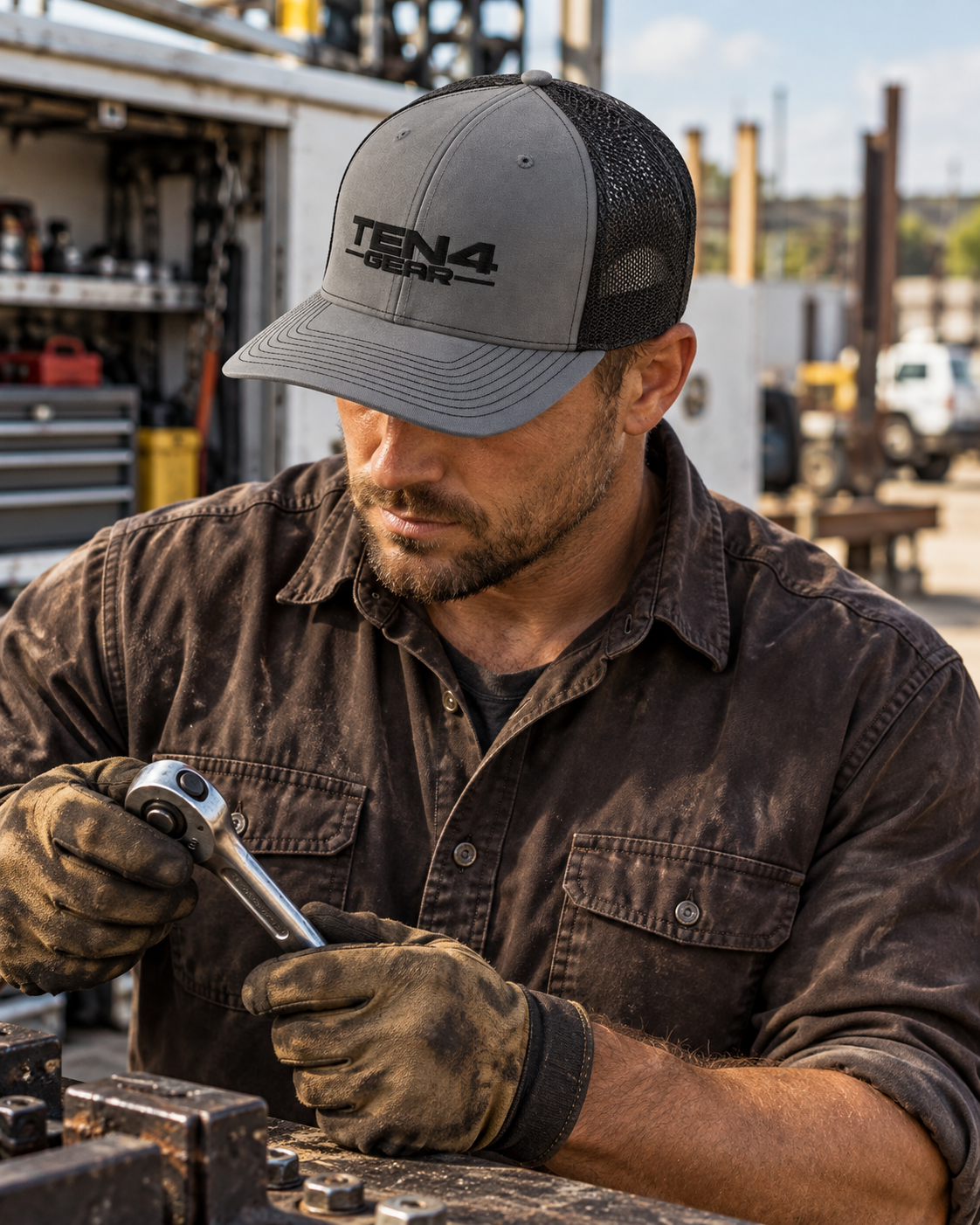 TEN4 Field Trucker Hat in charcoal and black with black full-logo embroidery, worn by a man looking down while working
