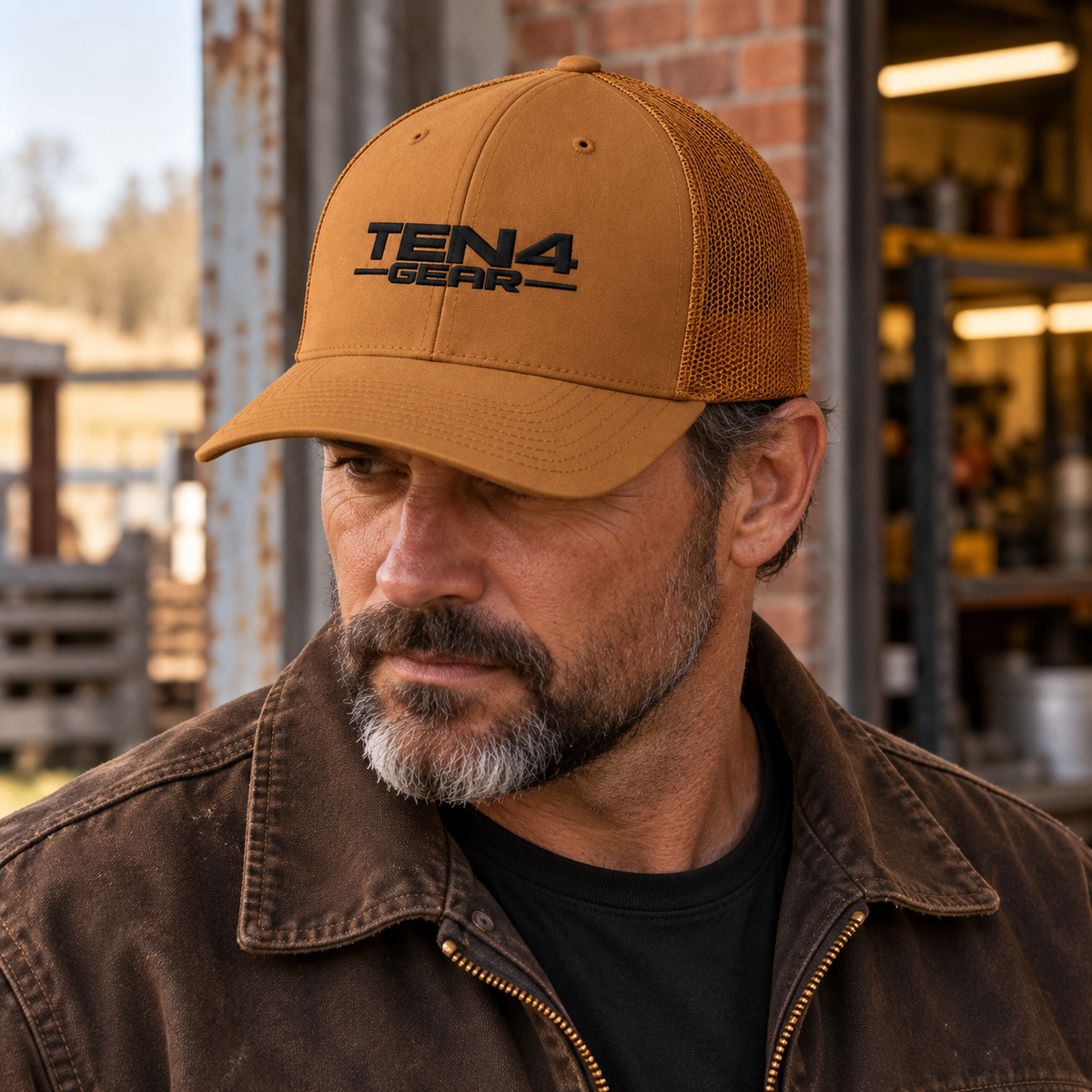 Caramel TEN4 Gear full-logo hat with black embroidery on a model outside a brick workshop