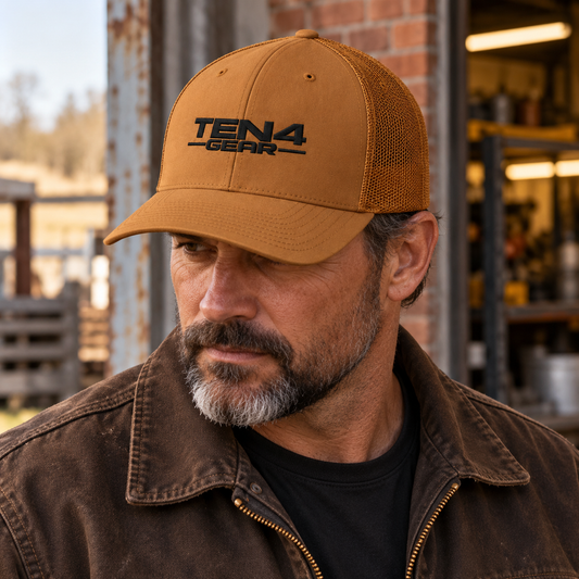 Caramel TEN4 Gear full-logo hat with black embroidery on a model outside a brick workshop