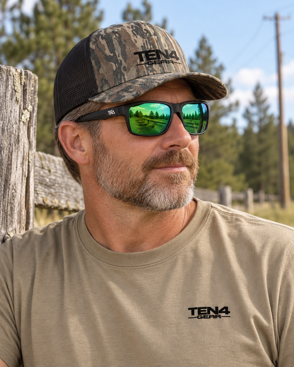 Lifestyle model mockup wearing Z87+ FullViz Green Revo and TEN4 apparel outdoors.