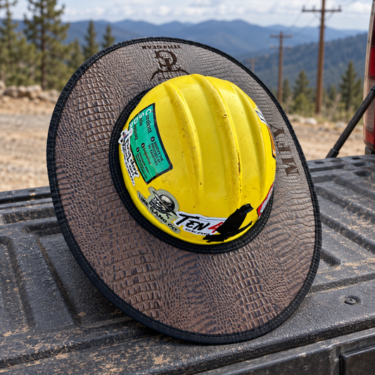 Mocha gator sunshade on a pickup tailgate beside a powerline right-of-way