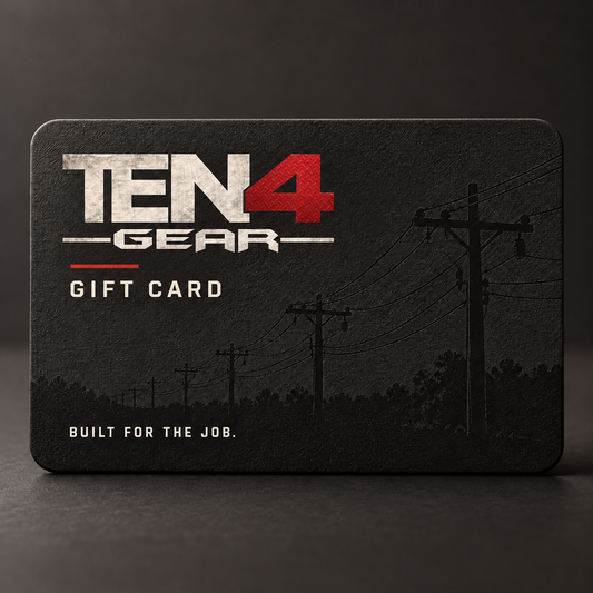 TEN4 Gear gift card with cream and red logo on charcoal and utility pole artwork