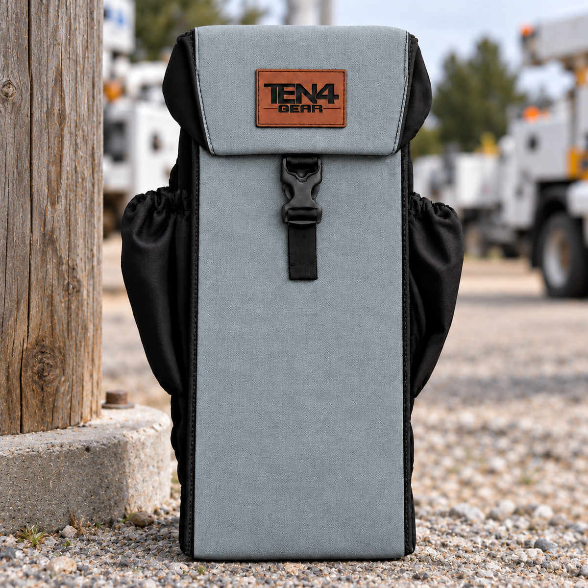 TEN4 Gear Gray Utility glove bag with formed buckle lid and black side pockets — pattern placement varies