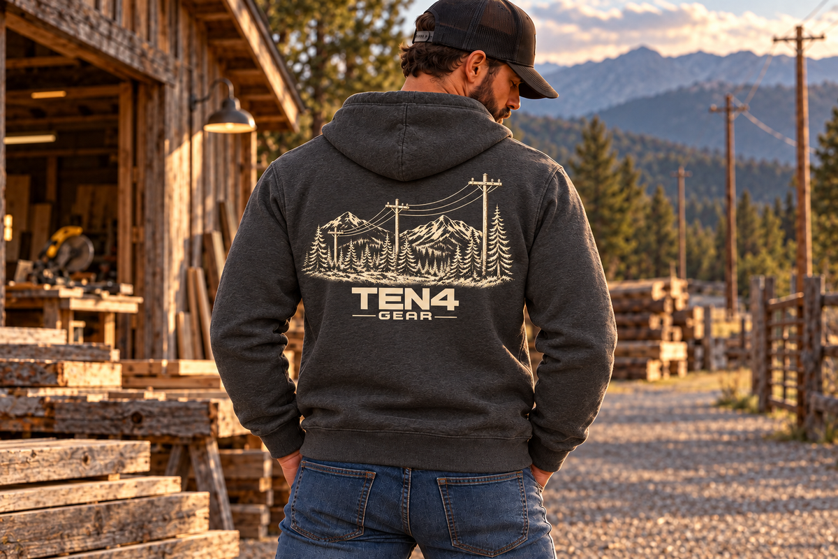 TEN4 High Country Hoodie in Charcoal Heather, back design on model beside a timber workshop