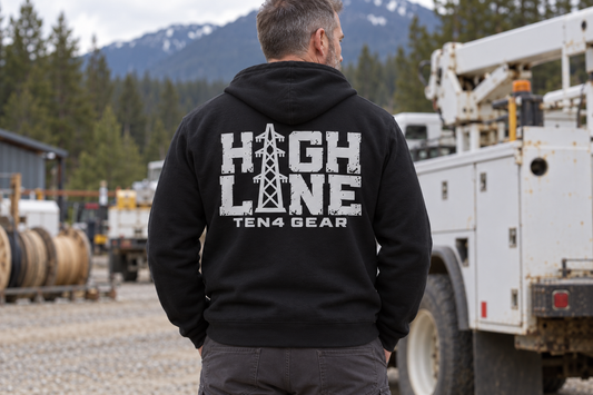 TEN4 HIGH LINE black hoodie — back design lifestyle mockup