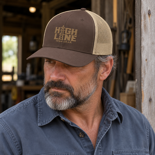 Brown khaki TEN4 HIGH LINE trucker hat with warm tan embroidery on a workshop model