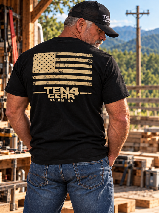 TEN4 Hometown Pride Tee in Black, back view with weathered flag and Salem SC logo