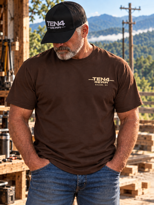 TEN4 Hometown Pride Tee in Espresso, front view with Salem SC left chest logo