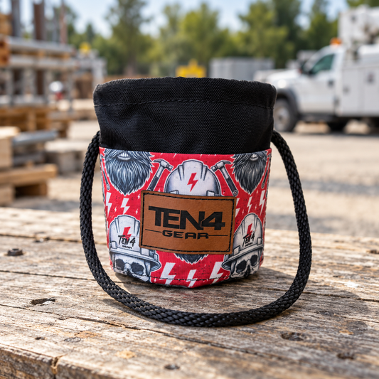 Hoss Grunt Sack with legacy TEN4 patch on a rustic utility yard workbench