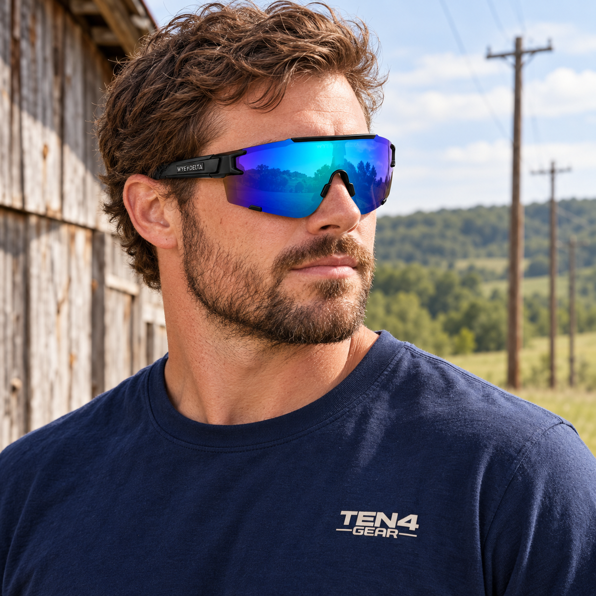 Lifestyle model mockup wearing Z87+ HiViz 2.0 Matte Ice Blue with TEN4 apparel outdoors.