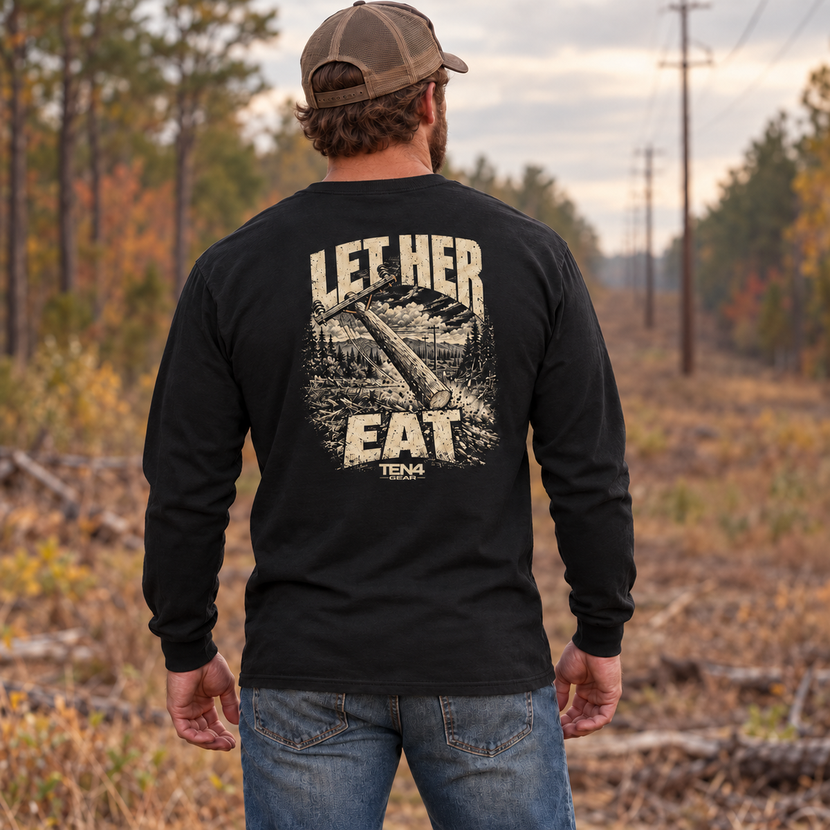 TEN4 Let Her Eat black Gildan 2400 long sleeve on model, back view