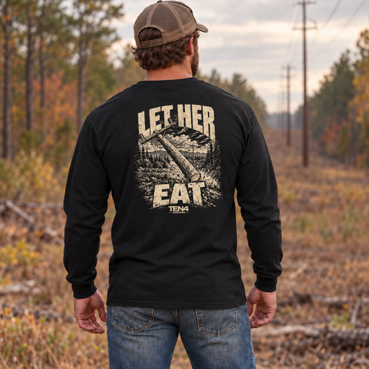 TEN4 Let Her Eat black Gildan 2400 long sleeve on model, back view