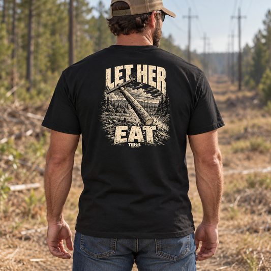 TEN4 Let Her Eat black Gildan 5000 tee on model, back view