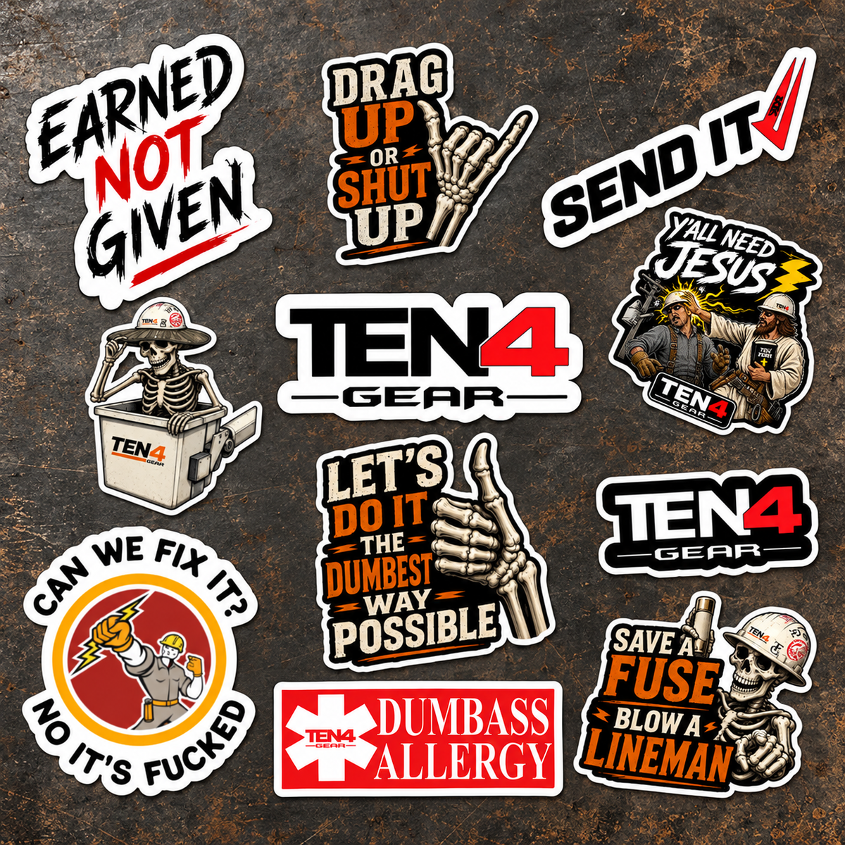 Original TEN4 Gear sticker pack designs on a charcoal workbench; edited cover photo
