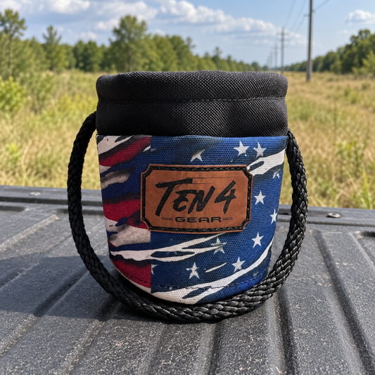 Patriot Grunt Sack with legacy TEN4 patch on a pickup tailgate at a rural utility worksite