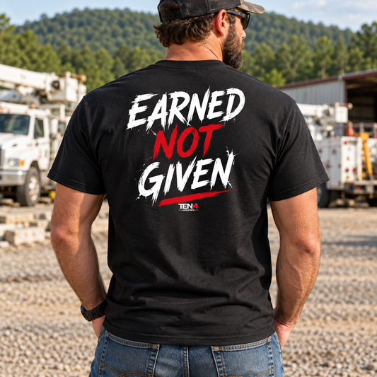 Black TEN4 Earned Not Given pocket T-shirt, rear model view showing the red and white back design.