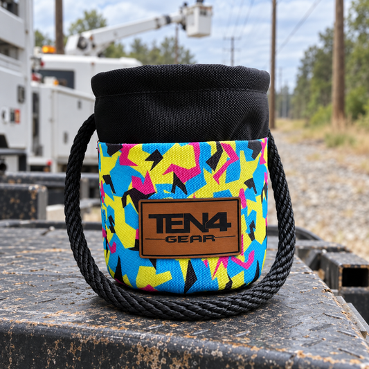 Pop Rock Grunt Sack with current TEN4 patch on a utility truck at an outdoor linework site