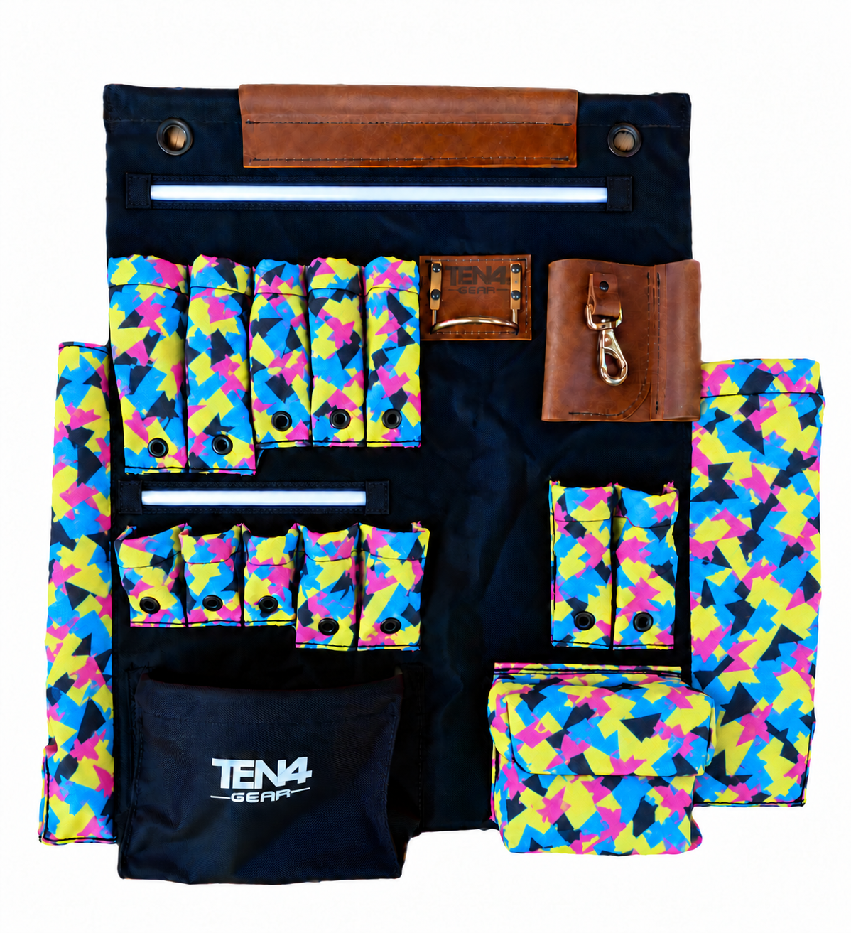 TEN4 Gear Pop Rocks 24-inch G Board with 12 tool pockets, woven fabric texture and two integrated LED light strips.