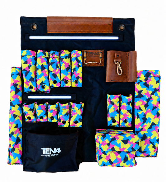 TEN4 Gear Pop Rocks 24-inch G Board with 12 tool pockets, woven fabric texture and two integrated LED light strips.